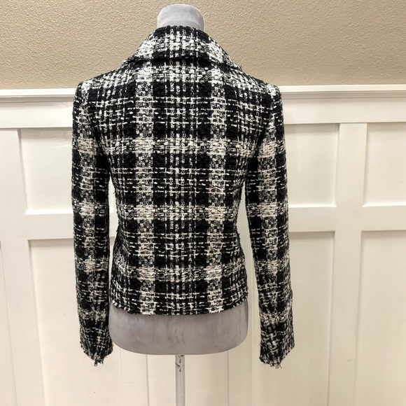 Theory Slim Crop Moto Jacket Blazer Size:2 Black White Rubber Plaid Tweed $565 - Picture 6 of 16